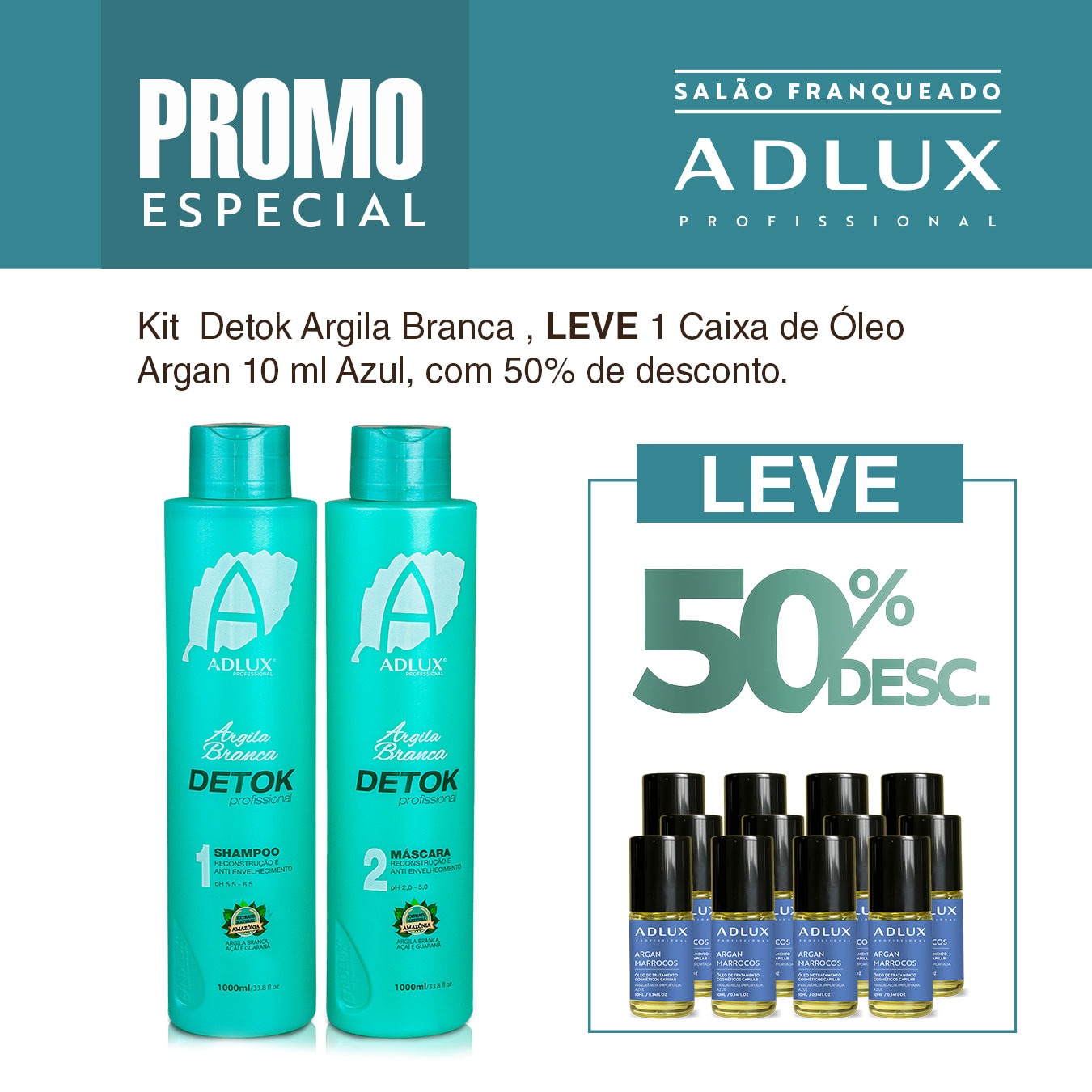 Promoção Kit Argila Branca Detok. Leve 1 Caixa de Óleo Azul de 10ml com 50% desc.