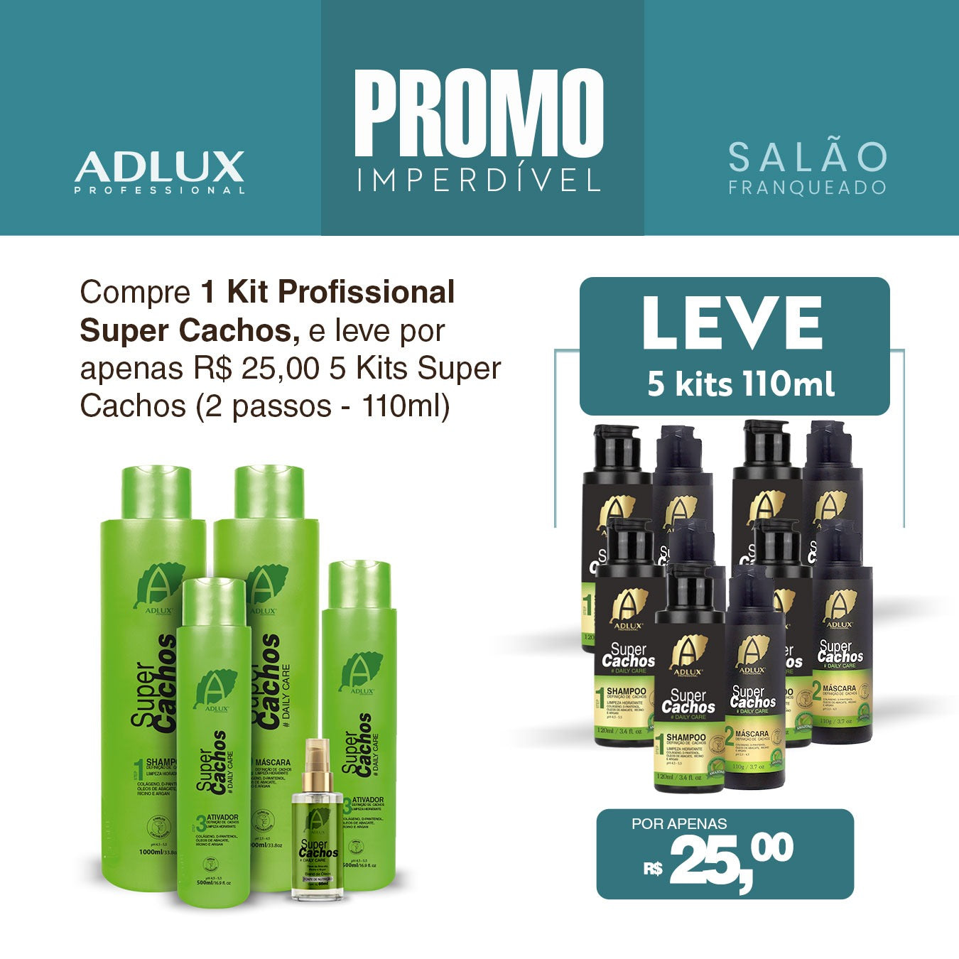 Promoção Salão Franqueado Kit Super Cachos Profissional - 3 Passos LEve 5 Mini Kit Super Cachos 110ml por R$ 25,00