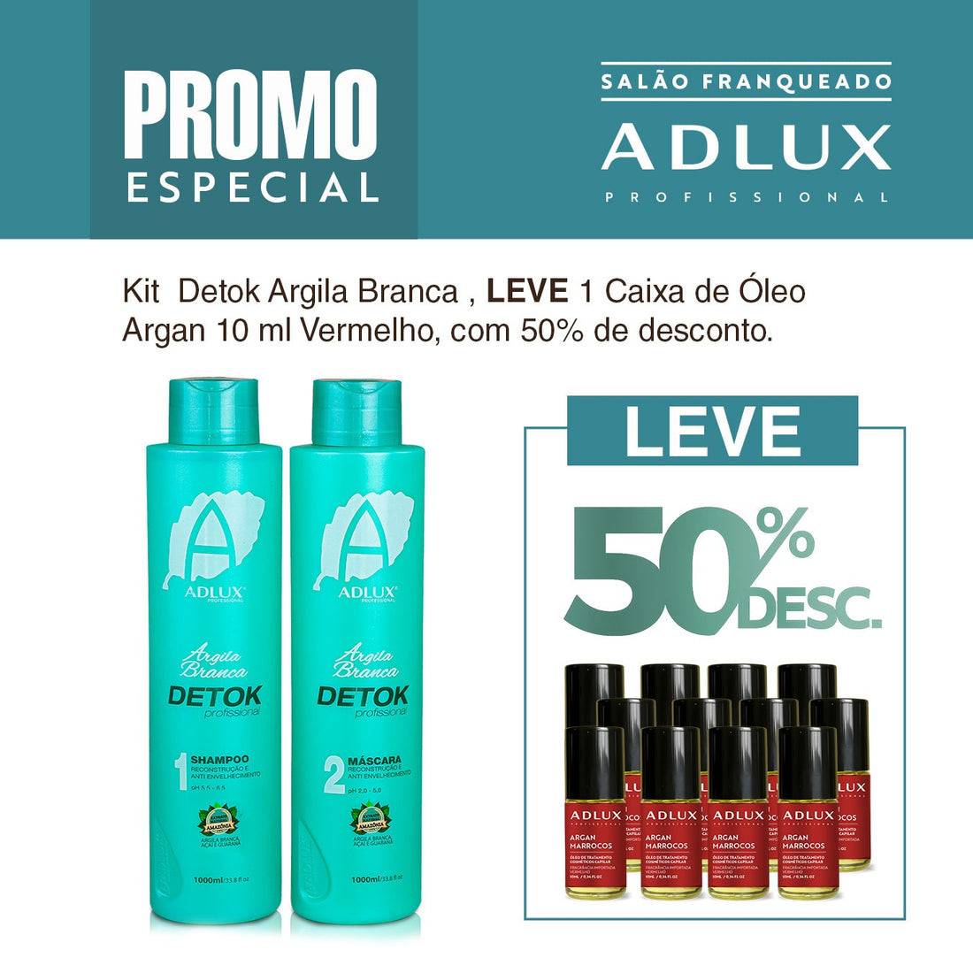 Promoção Kit Argila Branca Detok. Leve 1 Caixa de Óleo Vermelho de 10ml com 50% desc.