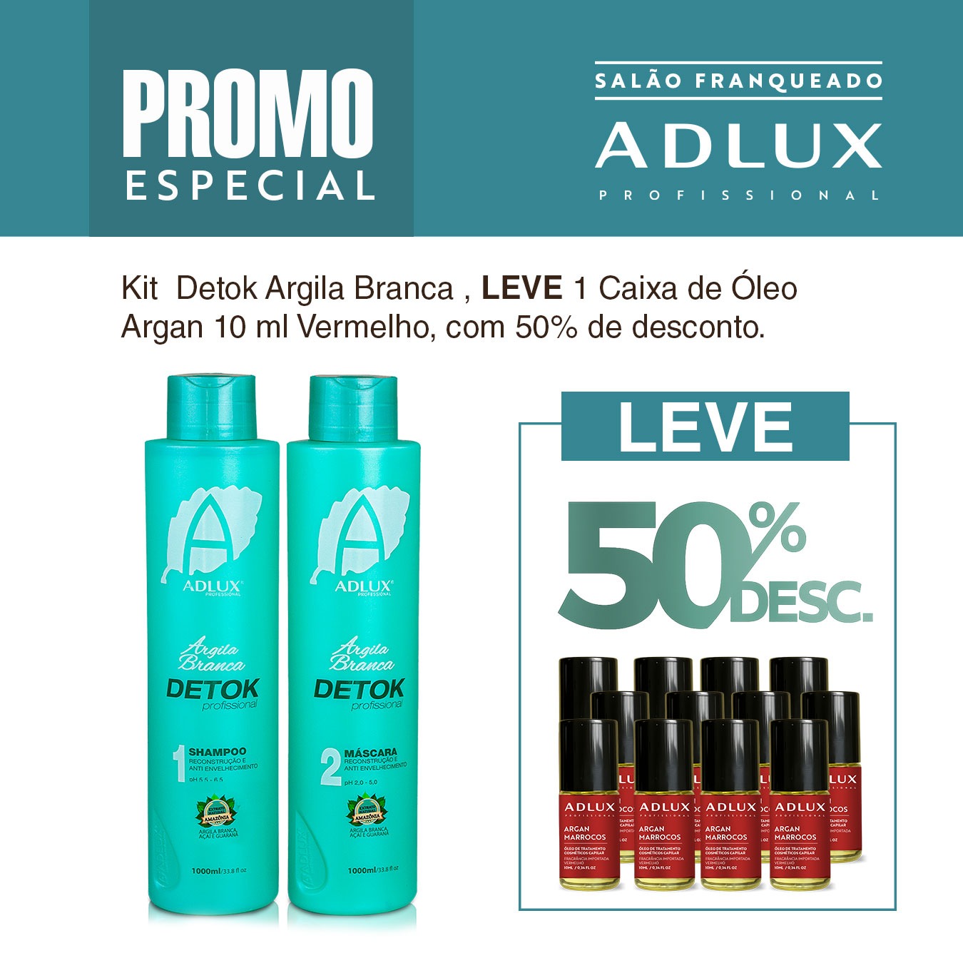 Promoção Kit Argila Branca Detok. Leve 1 Caixa de Óleo Vermelho de 10ml com 50% desc.