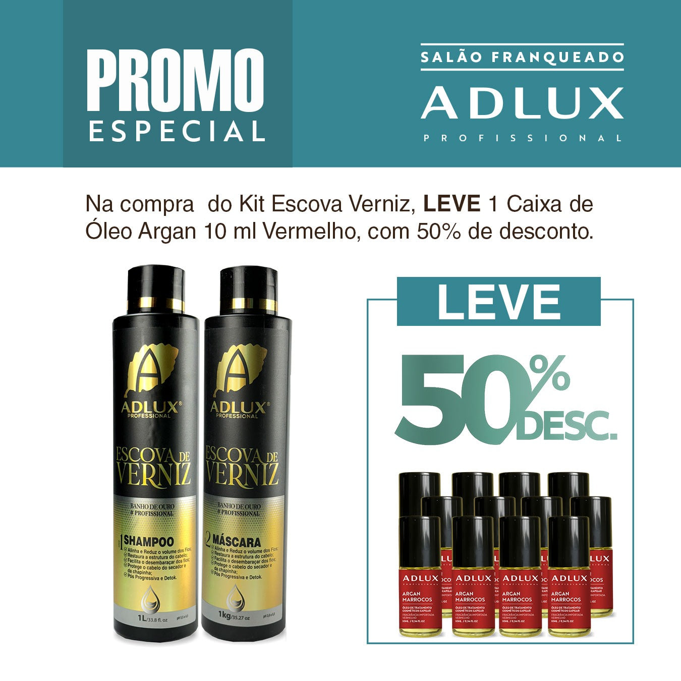 Promoção Kit Escova de Verniz 2 passos. Leve 1 Caixa de Óleo Vermelho de 10ml com 50% desc.