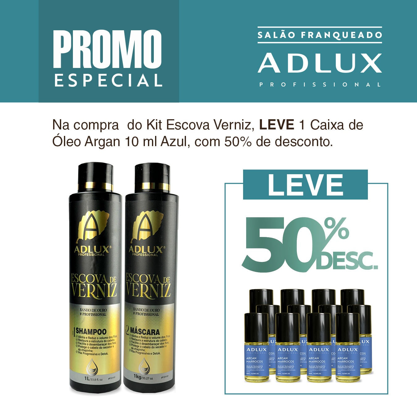 Promoção Kit Escova de Verniz 2 passos. Leve 1 Caixa de Óleo Azul de 10ml com 50% desc.