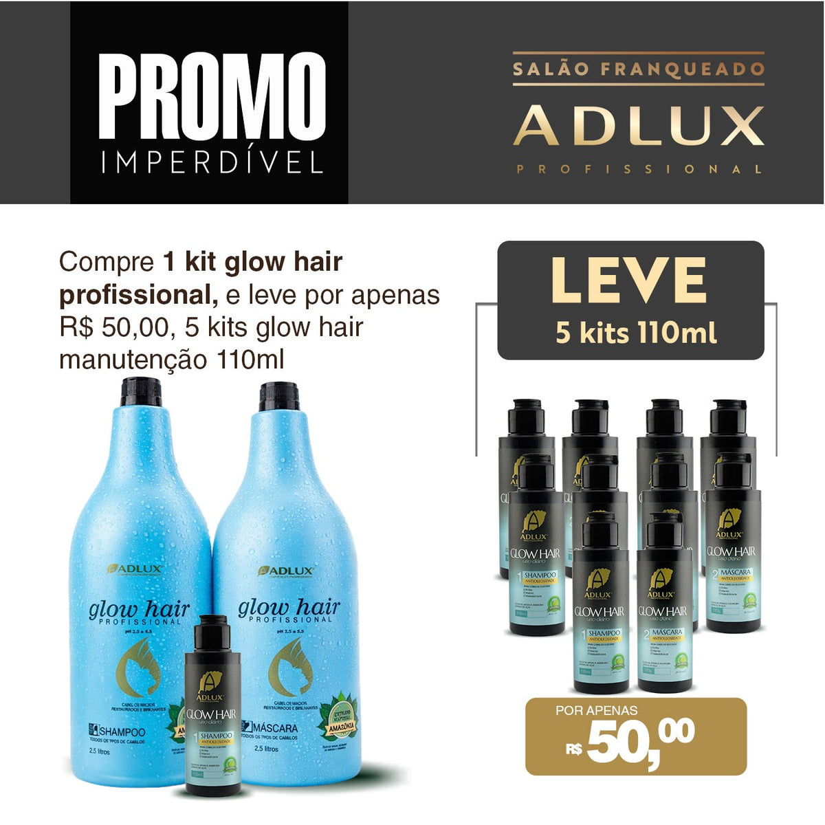 Compre 1 kit glow hair profissional e leve por apenas R$ 50,00, 5 kits glow hair manut. 100ml